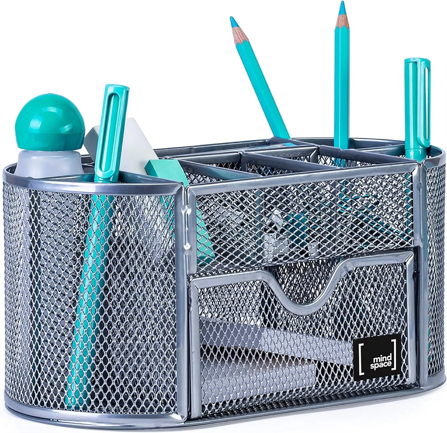 Mindspace Office Desk Organizer with 8 Compartments   Drawer | Desk Caddy Pen Holder For Office Accessories | The Mesh Collection, Silver