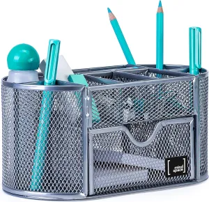 Mindspace Office Desk Organizer with 8 Compartments   Drawer | Desk Caddy Pen Holder For Office Accessories | The Mesh Collection, Silver