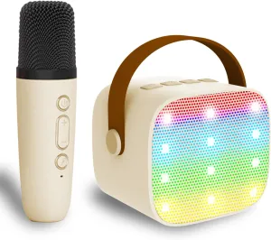 Mini Karaoke Machine for Kids Adults, Mini Portable Bluetooth Karaoke Speaker with 1 Wireless Mics and LED Lights for Kids Adults, Christmas Birthday Gifts Toys for Girls Boys Family Home Party