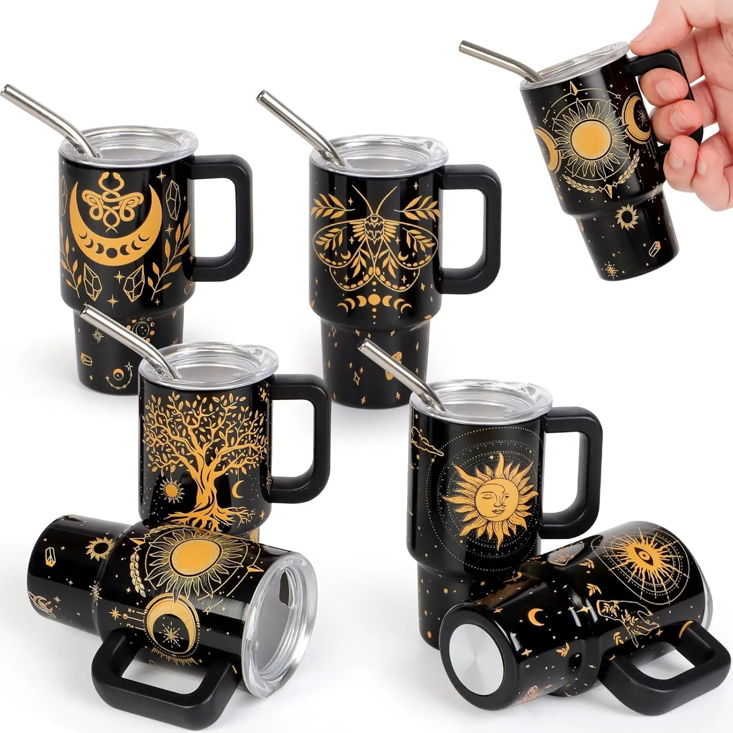 Mini Tarot Cards Shot Glasses with Lids and Straws Handle, 3.5 oz Stainless Steel Sun Moon Stars Tree Butterfly Eyes Mini Tumblers for Drink Cocktail Bar Beach Party Decorations Gift (6 Packs)