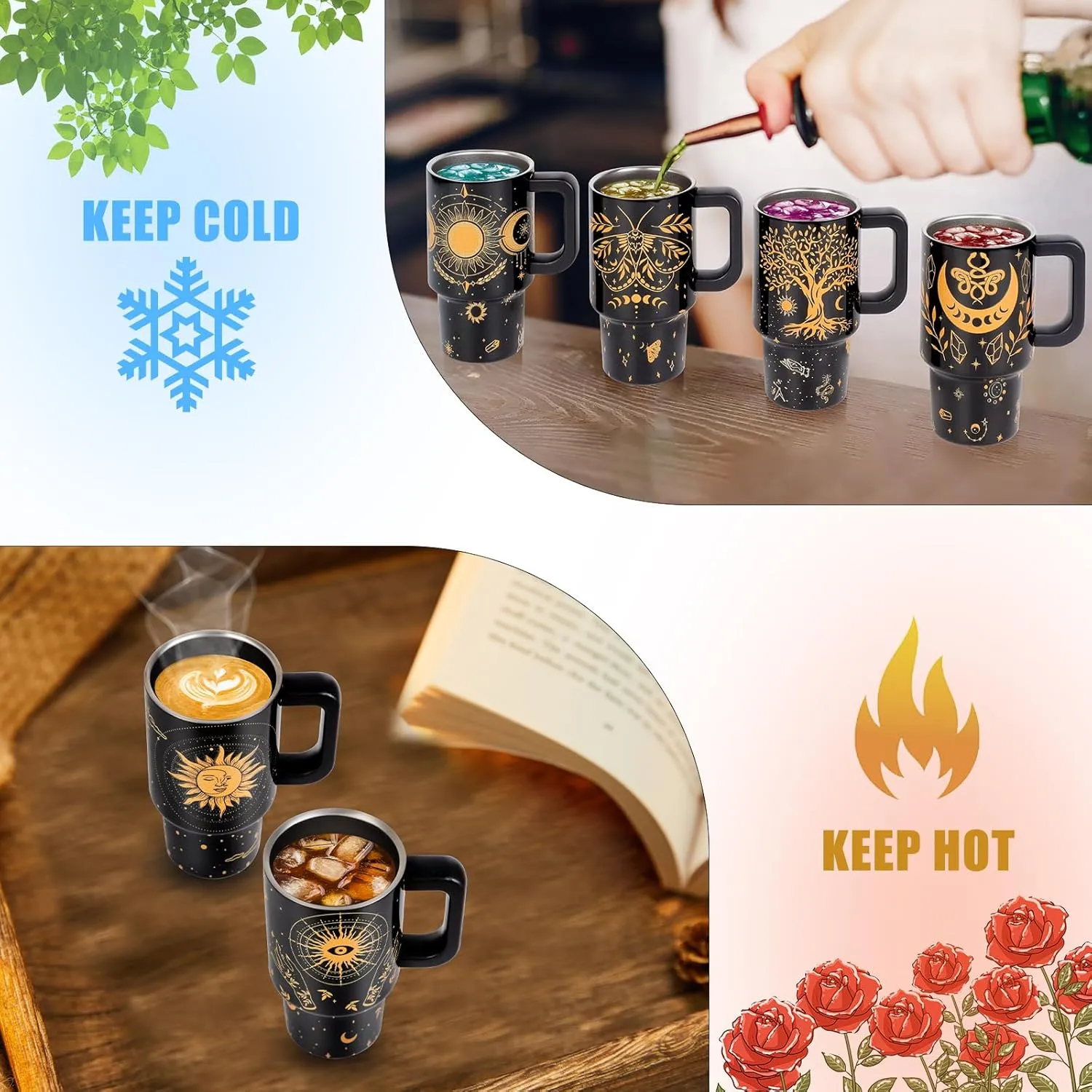 Mini Tarot Cards Shot Glasses with Lids and Straws Handle, 3.5 oz Stainless Steel Sun Moon Stars Tree Butterfly Eyes Mini Tumblers for Drink Cocktail Bar Beach Party Decorations Gift (6 Packs)