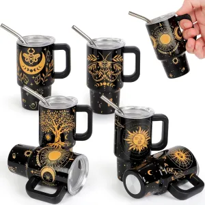 Mini Tarot Cards Shot Glasses with Lids and Straws Handle, 3.5 oz Stainless Steel Sun Moon Stars Tree Butterfly Eyes Mini Tumblers for Drink Cocktail Bar Beach Party Decorations Gift (6 Packs)