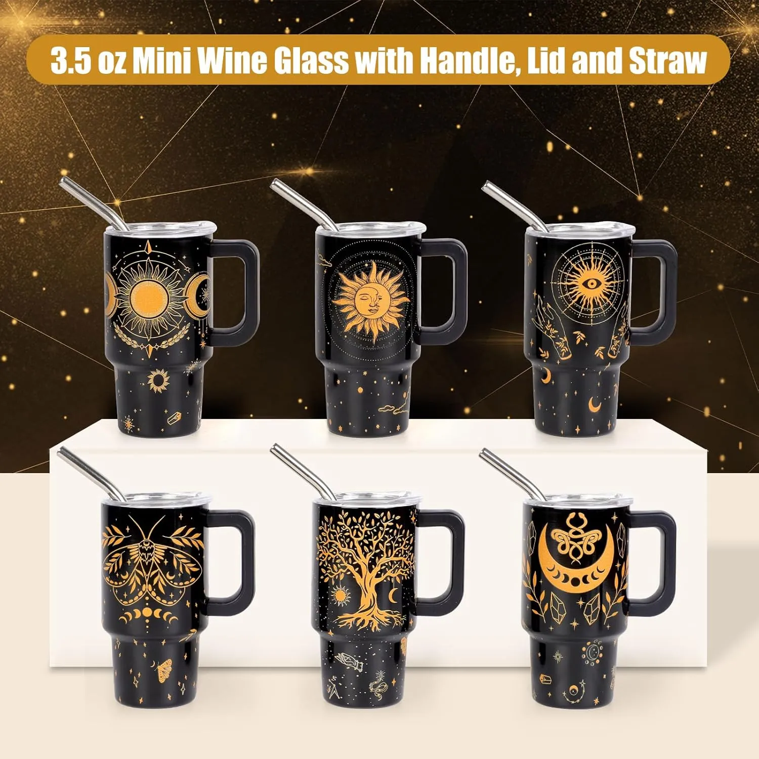 Mini Tarot Cards Shot Glasses with Lids and Straws Handle, 3.5 oz Stainless Steel Sun Moon Stars Tree Butterfly Eyes Mini Tumblers for Drink Cocktail Bar Beach Party Decorations Gift (6 Packs)