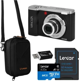 Minolta MNB5Z 56MP 5K Ultra HD 2.8" LCD Screen Digital Camera, Black, Bundle with Camera Case, 64GB Memory Card, Multi Card Reader