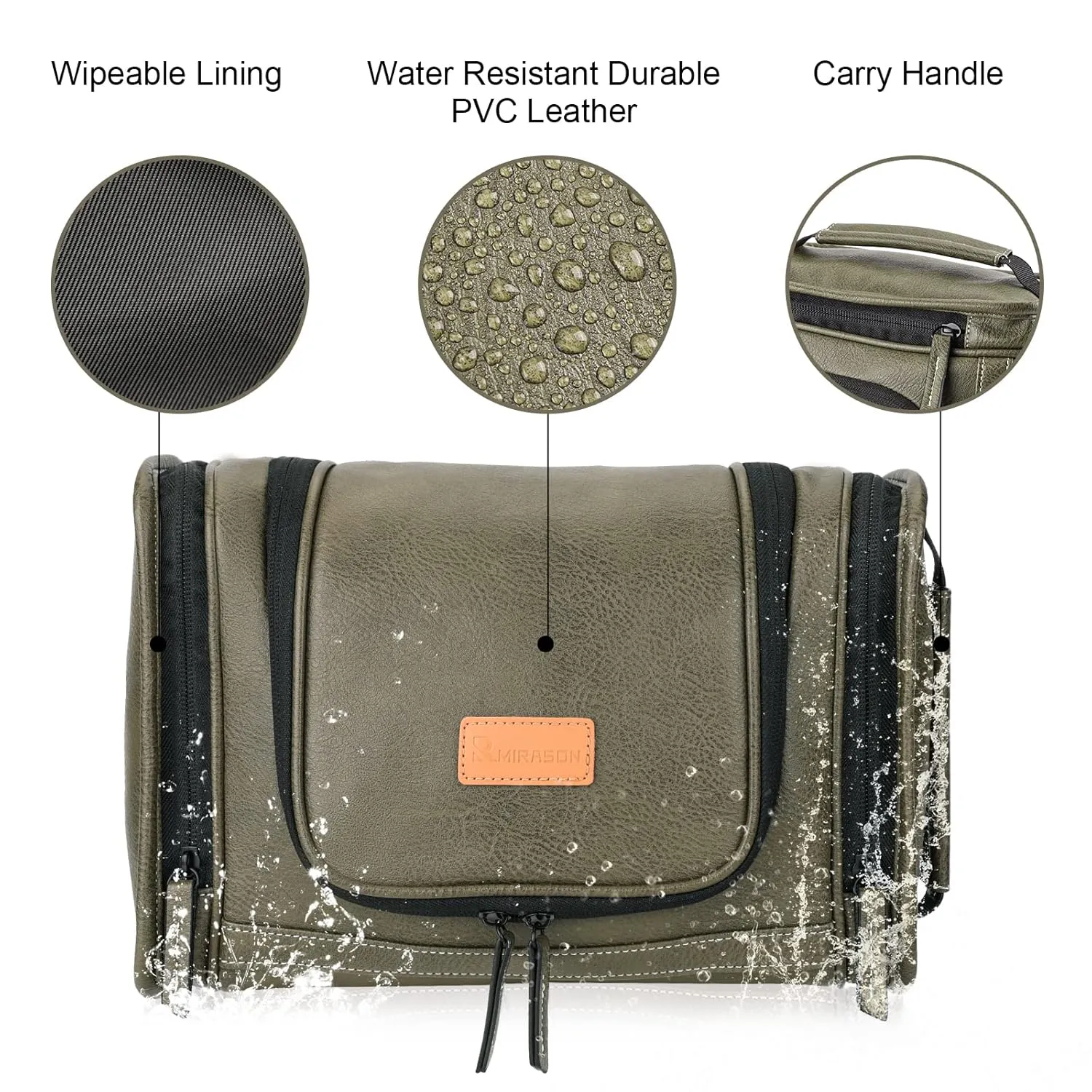MIRASON Hanging Toiletry Bag for Men PVC Leather Dopp Kit Waterproof Travel Organizer Bag with Sturdy Metal Hook and Handle for Bathroom Shower Cosmetics Camping Brushes Shaving (Green)