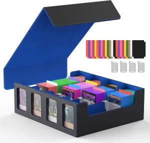 Miroddi Trading Card Storage Box, 3000  MTG Deck Box, Commander Card Deck Case with Removable Cover, 4-Row Trading Card Case Fit for MTG TCG, YugiOh, 24 Colorful Dividers, 4 Stoppers, Black Blue