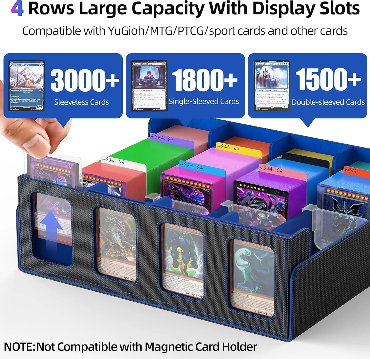 Miroddi Trading Card Storage Box, 3000  MTG Deck Box, Commander Card Deck Case with Removable Cover, 4-Row Trading Card Case Fit for MTG TCG, YugiOh, 24 Colorful Dividers, 4 Stoppers, Black Blue