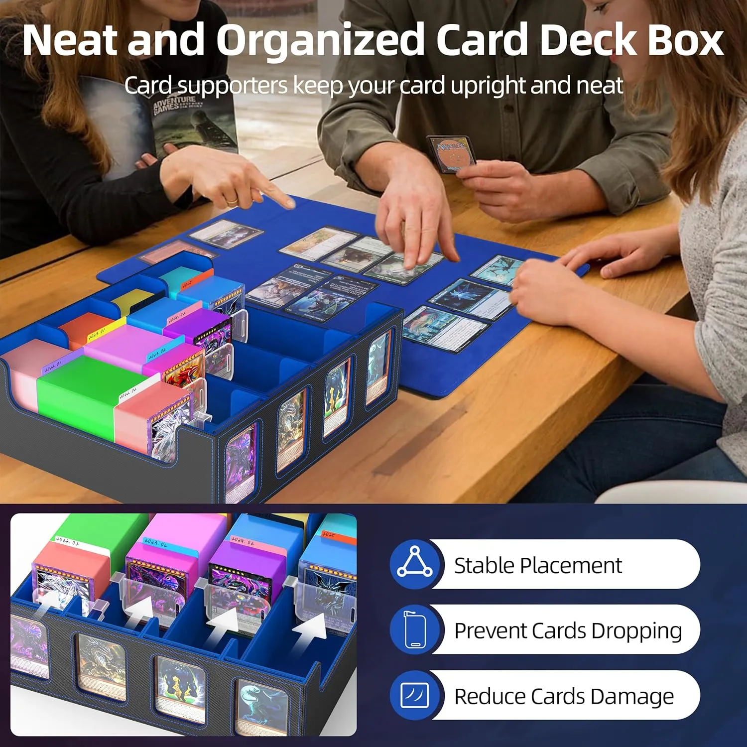 Miroddi Trading Card Storage Box, 3000  MTG Deck Box, Commander Card Deck Case with Removable Cover, 4-Row Trading Card Case Fit for MTG TCG, YugiOh, 24 Colorful Dividers, 4 Stoppers, Black Blue