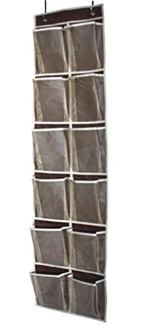 MISSLO Heavy Duty Over Door Organizer Hanging Shoe Storage for Narrow Door with 12 Large Mesh Pockets (Coffee)
