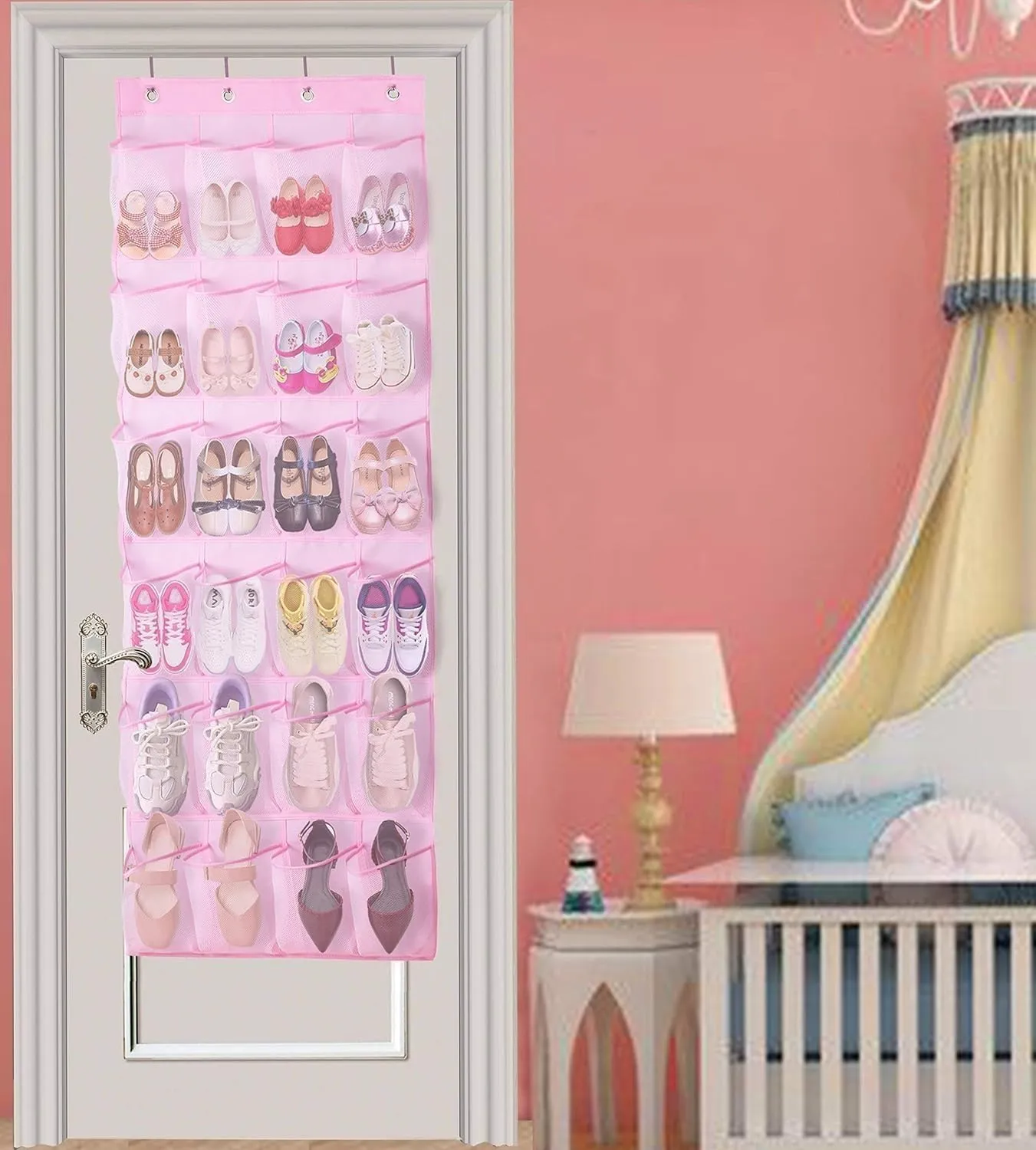 MISSLO Kids Shoe Organizer Pink Room Decor for Bedroom Door Hanging Baby Closet Storage Over The Rack Breathable 24 Large Mesh Pockets for Toddler Girl