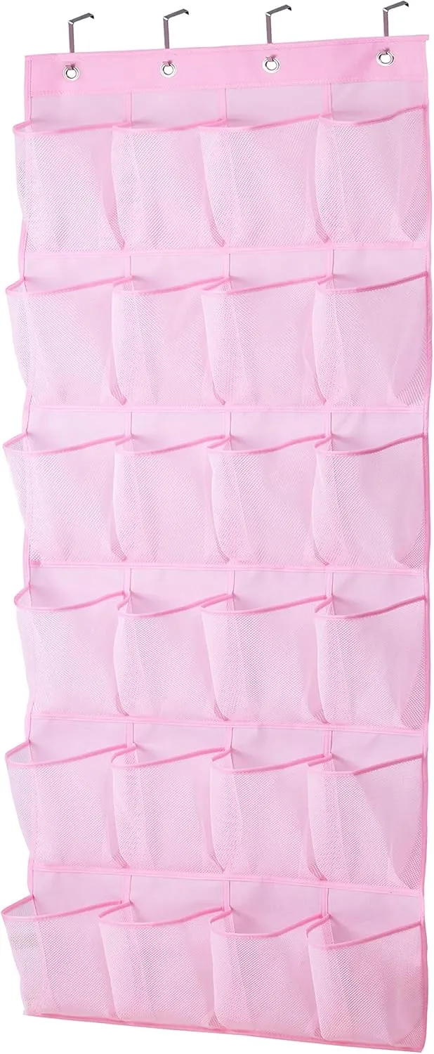 MISSLO Kids Shoe Organizer Pink Room Decor for Bedroom Door Hanging Baby Closet Storage Over The Rack Breathable 24 Large Mesh Pockets for Toddler Girl