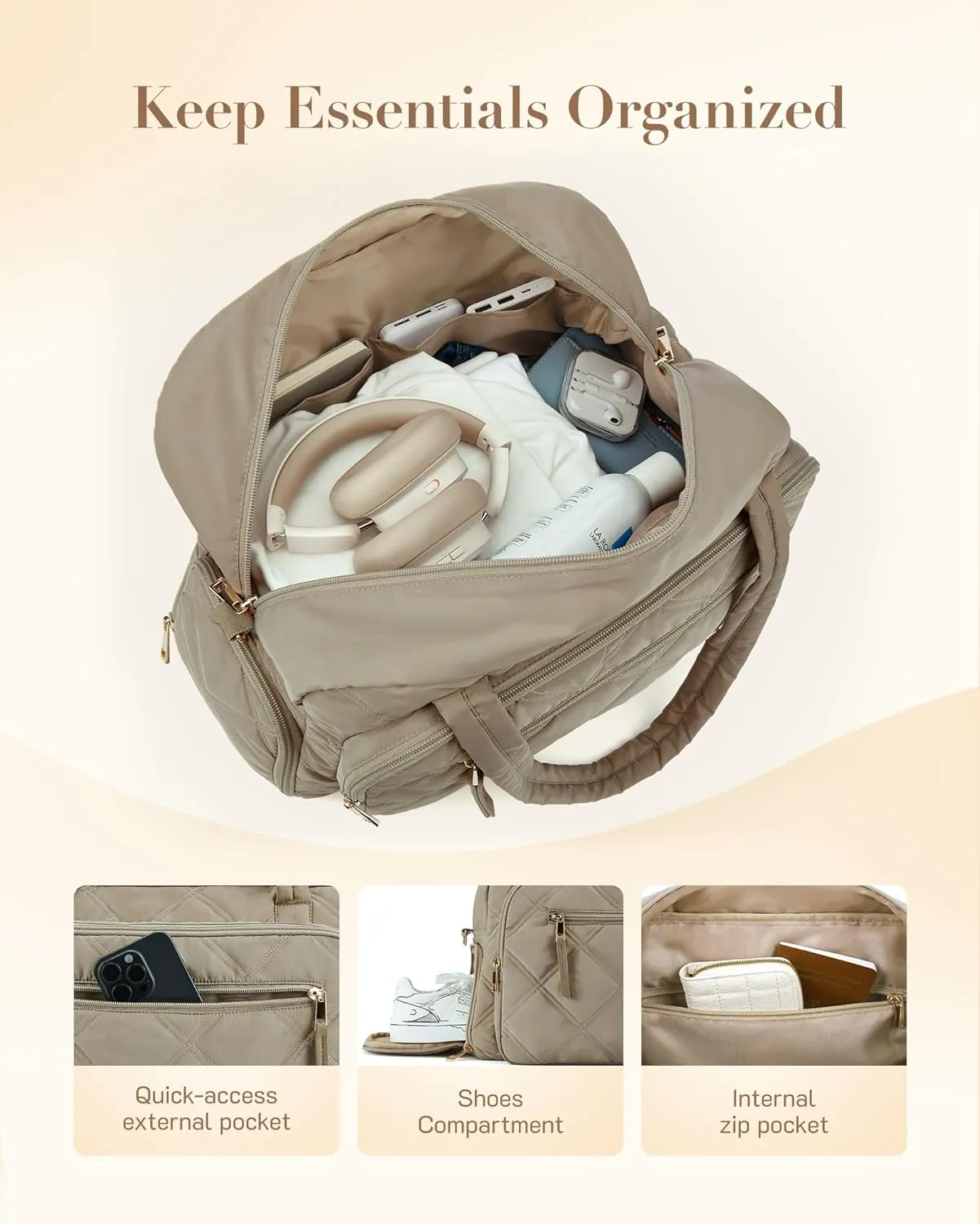 Missnine Small Gym Bag for Women with Shoe Compartment, weekend bag for Travel with Toiletry Organizer Compartment, Overnight Quilted Duffle for Airplane, Puffer Camel