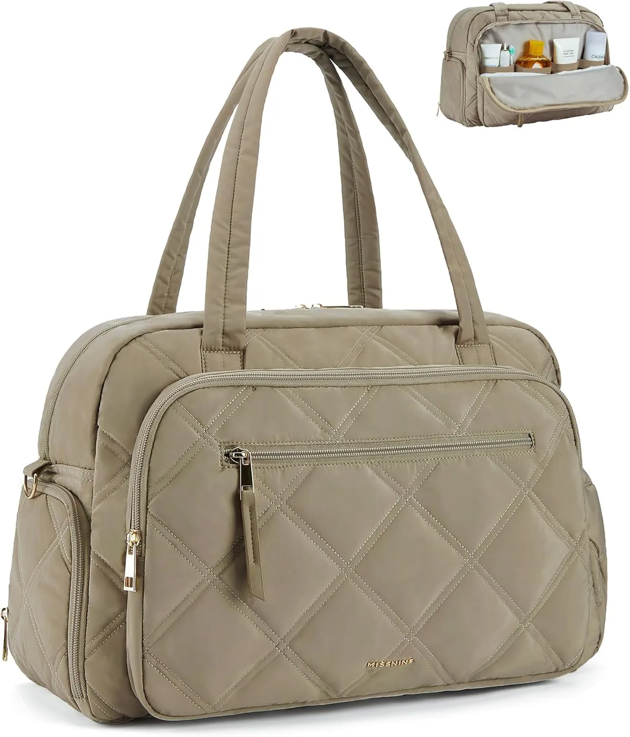 Missnine Small Gym Bag for Women with Shoe Compartment, weekend bag for Travel with Toiletry Organizer Compartment, Overnight Quilted Duffle for Airplane, Puffer Camel