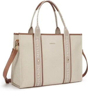 Missnine Tote Bag Canvas Laptop Bag 15.6 inch Briefcase for Women Large Capacity Handbag for Office, School, Travel