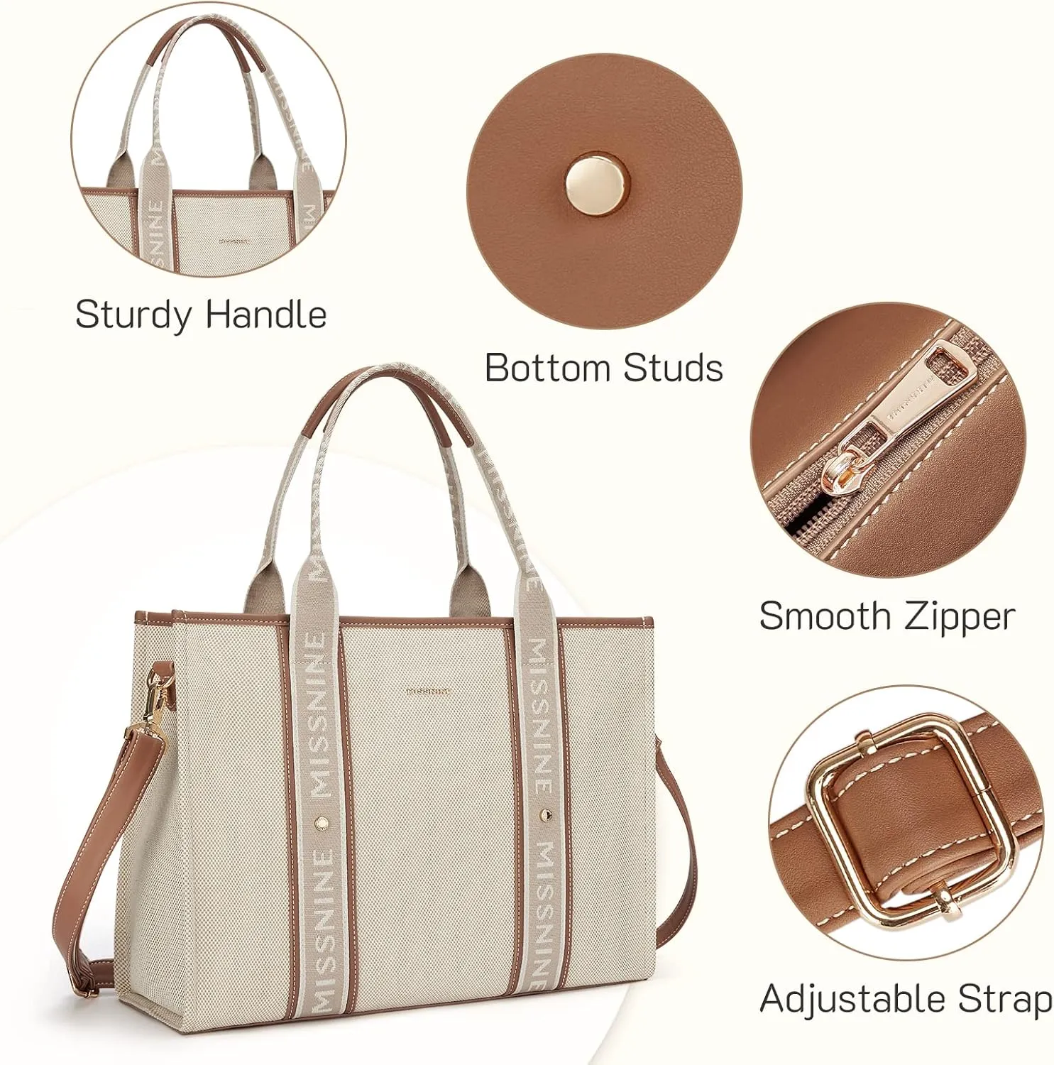 Missnine Tote Bag Canvas Laptop Bag 15.6 inch Briefcase for Women Large Capacity Handbag for Office, School, Travel