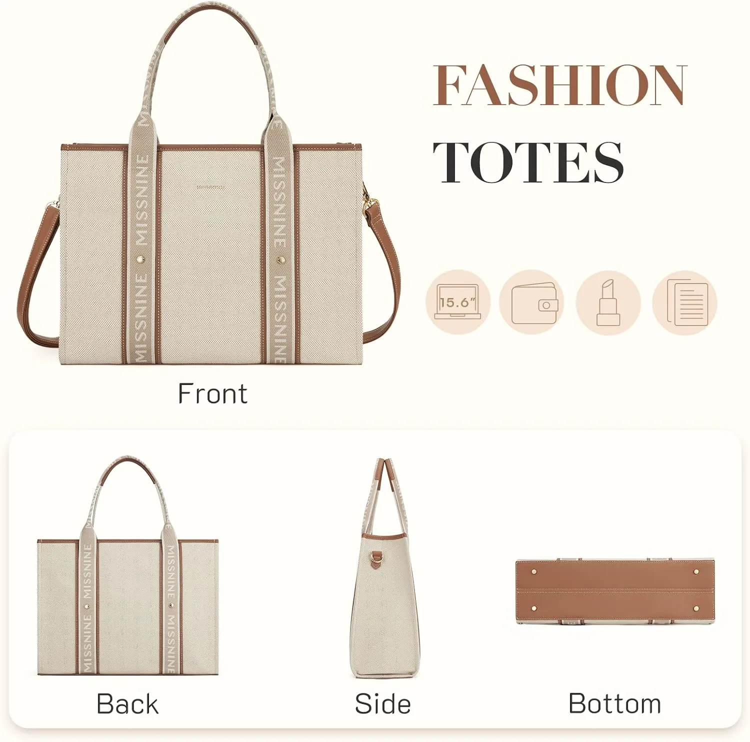 Missnine Tote Bag Canvas Laptop Bag 15.6 inch Briefcase for Women Large Capacity Handbag for Office, School, Travel