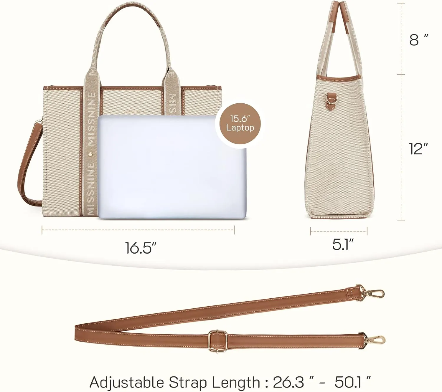 Missnine Tote Bag Canvas Laptop Bag 15.6 inch Briefcase for Women Large Capacity Handbag for Office, School, Travel