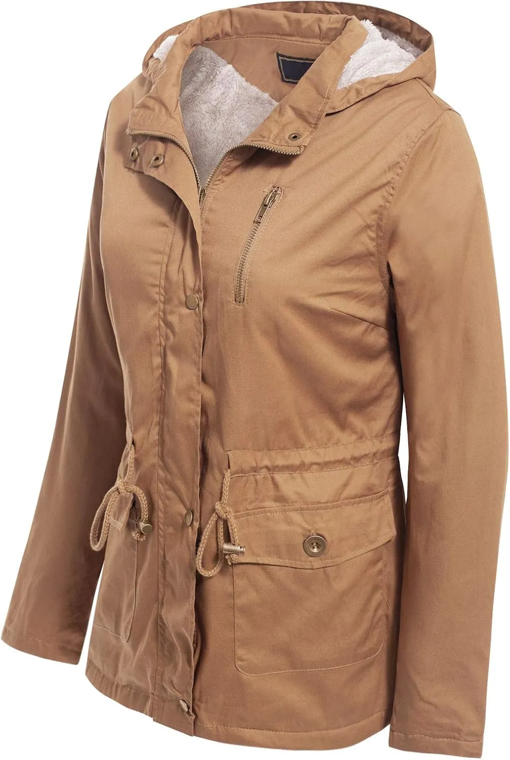 MixMatchy Women's Faux Fur Waist Drawstring Lightly Padded Utility Fashion Jacket Parka