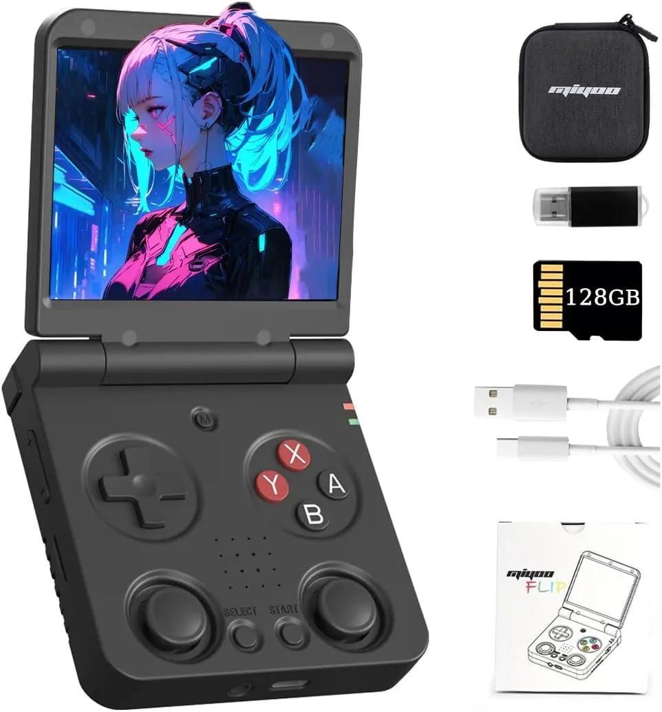 Miy-oo Flip V2 Retro Handheld Game Console with 128G TF Card, 3.5-inch IPS Screen Linux System Portable Video Game Emulator with 3000mAh Battery & WiF