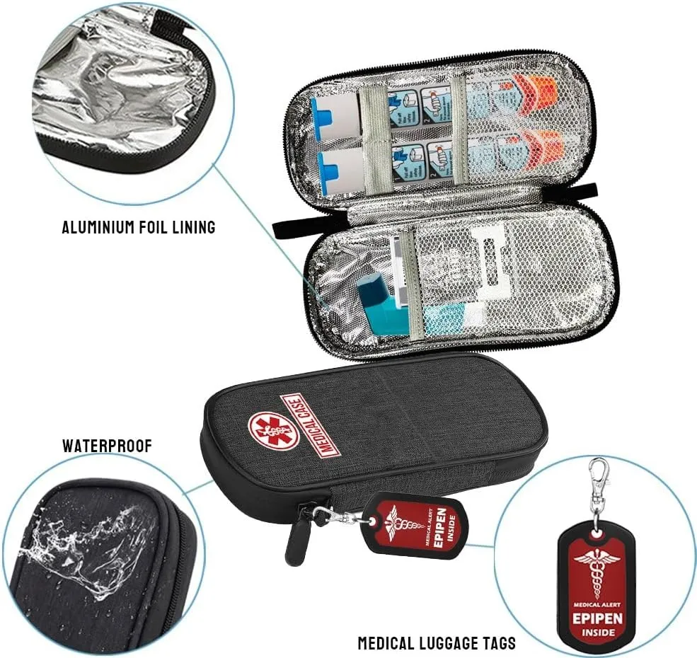 mnmoom Epipen carry case waterproof Insulated Travel Medication Organizer Bag with a Epipen Zipper Pull Bag Tag (Blue)