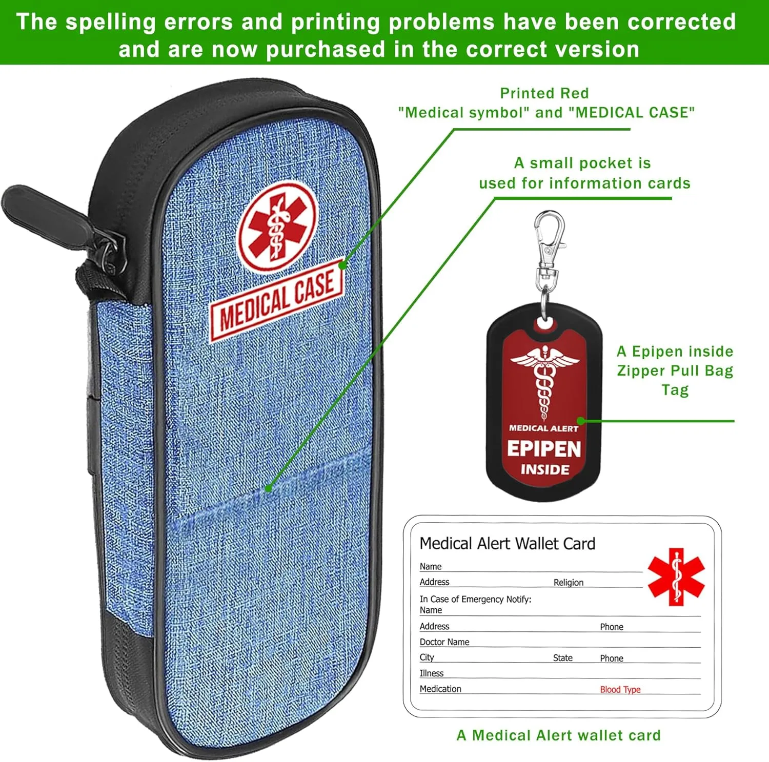 mnmoom Epipen carry case waterproof Insulated Travel Medication Organizer Bag with a Epipen Zipper Pull Bag Tag (Blue)