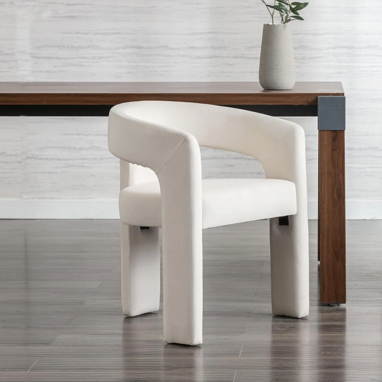 Modern Dining Chair, Velvet Upholstered Barrel Kitchen Chair, Round Dining Chairs with Wooden Legs, Assembled Accent Armchairs for Dining Room/Living Room/Bedroom/Side, Ivory