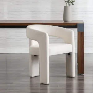 Modern Dining Chair, Velvet Upholstered Barrel Kitchen Chair, Round Dining Chairs with Wooden Legs, Assembled Accent Armchairs for Dining Room/Living Room/Bedroom/Side, Ivory