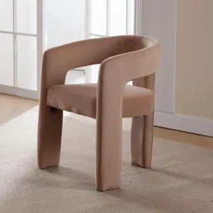 Modern Dining Chair, Velvet Upholstered Barrel Kitchen Chair, Round Dining Chairs with Wooden Legs, Assembled Accent Armchairs for Dining Room/Living Room/Bedroom/Side, Khaki