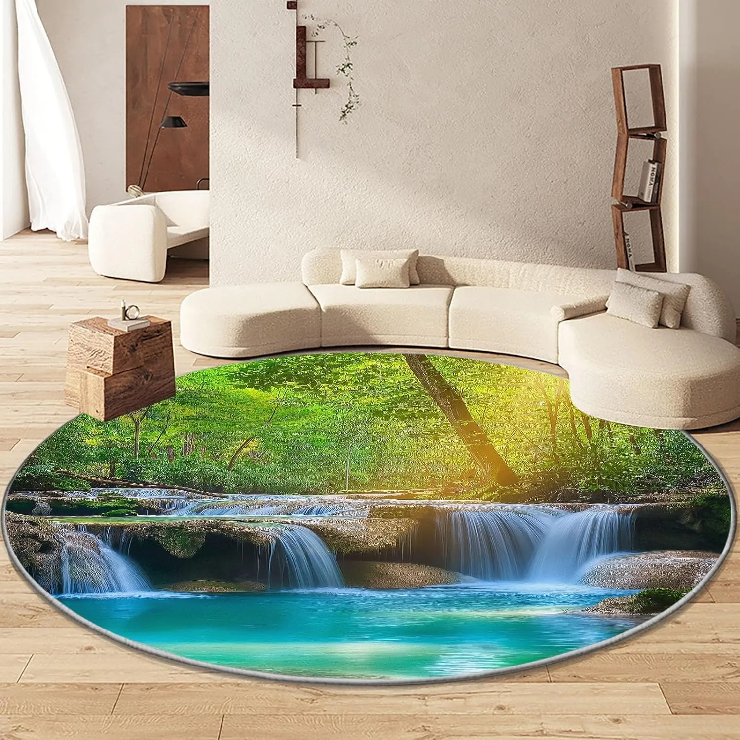 Modern Green Round Rug 2' x 2', Landscape Photography Waterfall Jungle Print Round Carpet, Washable Non-Slip Soft Circle Rug, Circular Dining Room Carpets for Bedroom Living Room Office Playroom