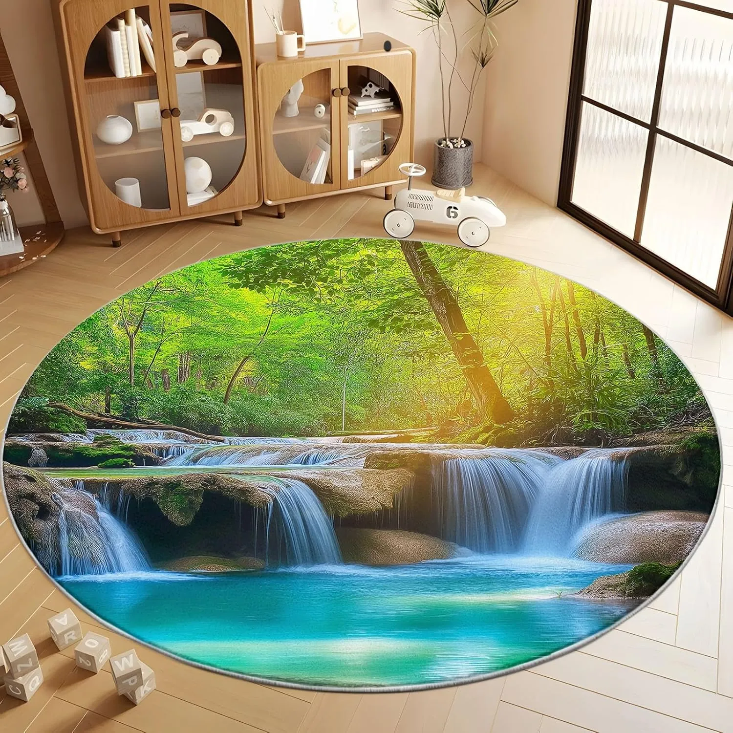 Modern Green Round Rug 2' x 2', Landscape Photography Waterfall Jungle Print Round Carpet, Washable Non-Slip Soft Circle Rug, Circular Dining Room Carpets for Bedroom Living Room Office Playroom