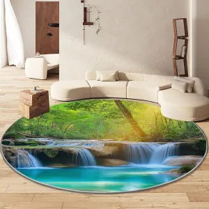 Modern Green Round Rug 2' x 2', Landscape Photography Waterfall Jungle Print Round Carpet, Washable Non-Slip Soft Circle Rug, Circular Dining Room Carpets for Bedroom Living Room Office Playroom
