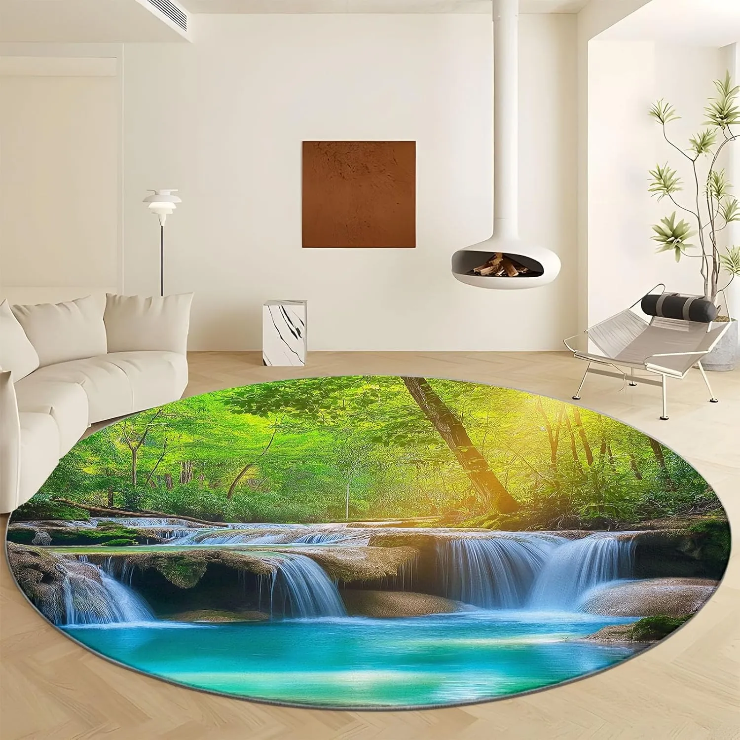 Modern Green Round Rug 2' x 2', Landscape Photography Waterfall Jungle Print Round Carpet, Washable Non-Slip Soft Circle Rug, Circular Dining Room Carpets for Bedroom Living Room Office Playroom