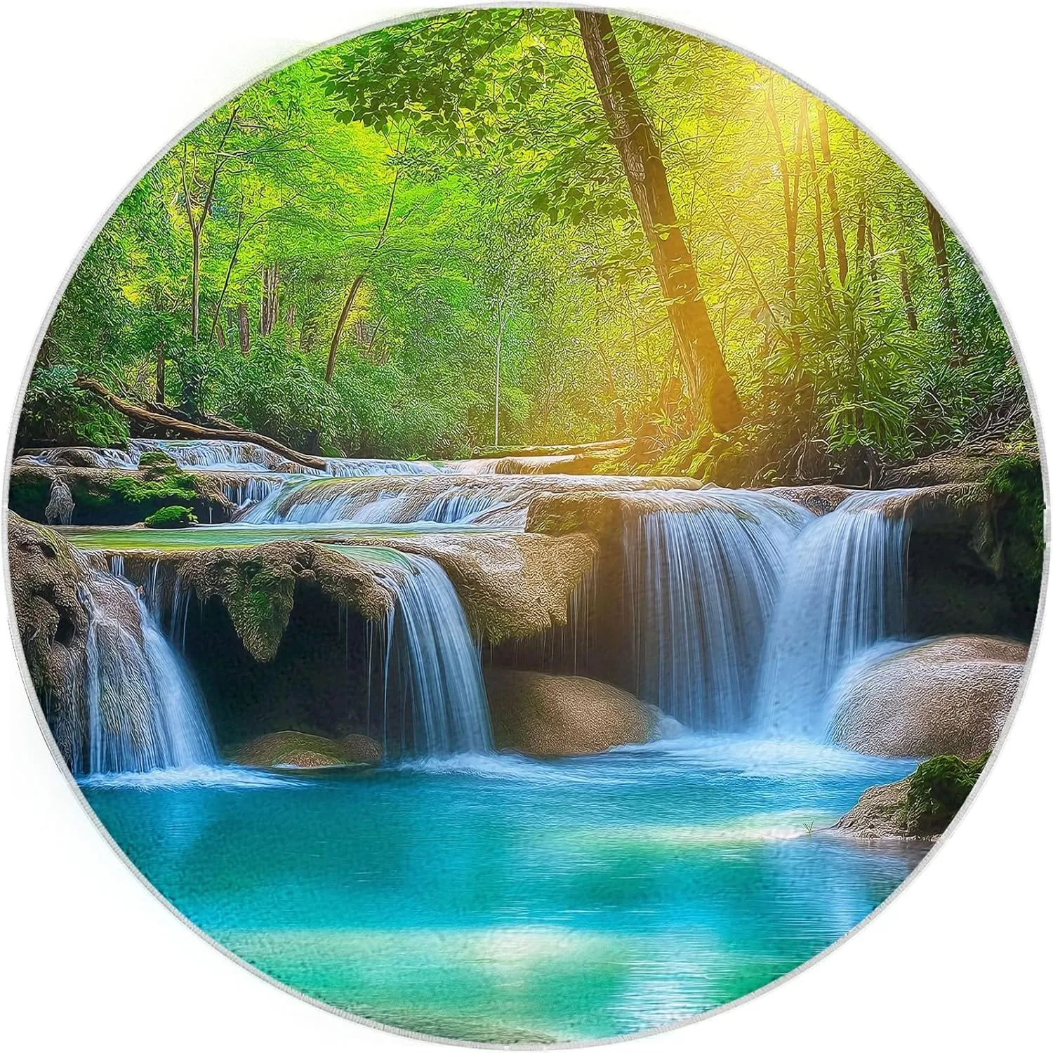 Modern Green Round Rug 2' x 2', Landscape Photography Waterfall Jungle Print Round Carpet, Washable Non-Slip Soft Circle Rug, Circular Dining Room Carpets for Bedroom Living Room Office Playroom