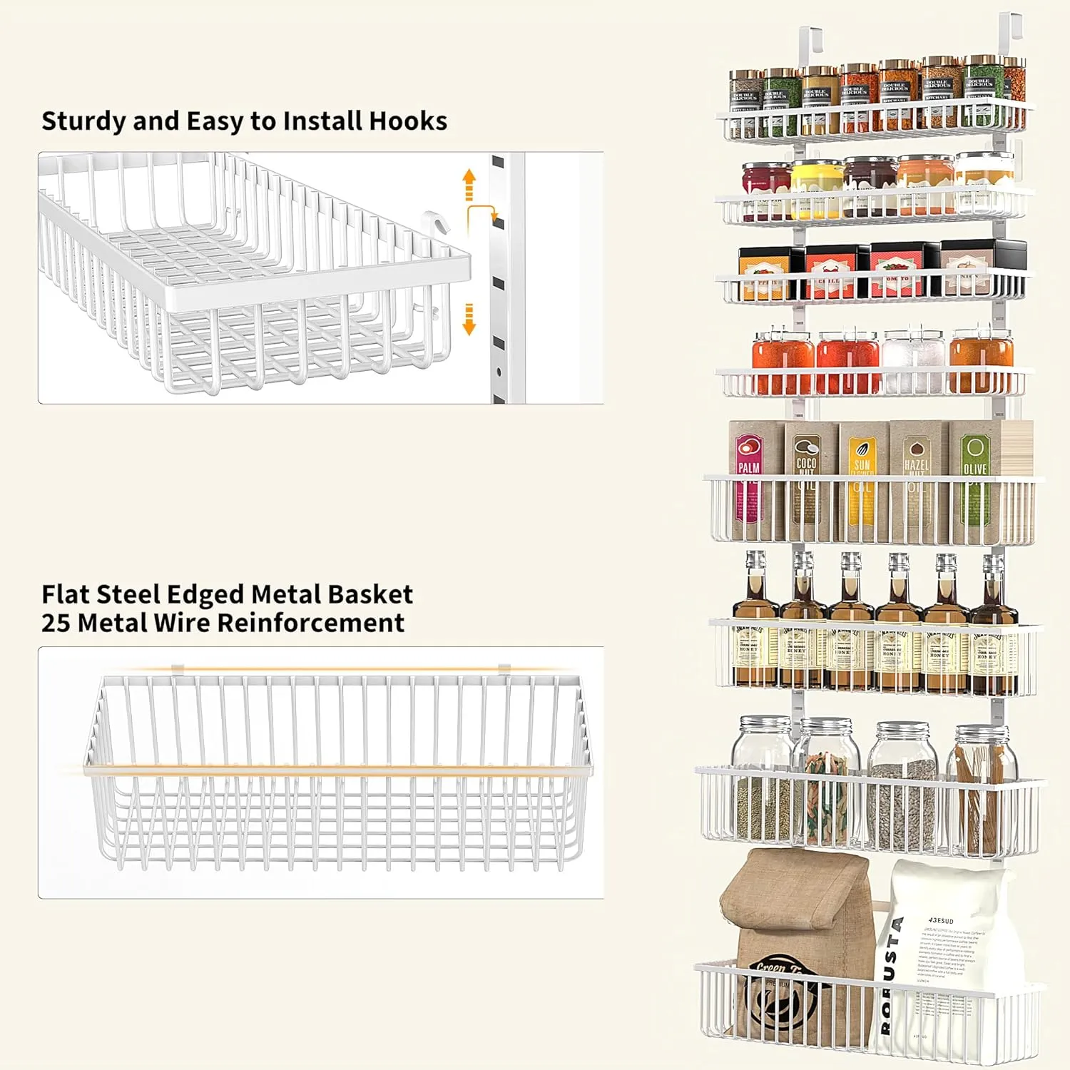 Moforoco White Over The Door Pantry Organizer, Pantry Organization and Storage, Metal Hanging Spice Rack Shelves Door, Seasoning Shelves, Laundry Room Organization, House and Kitchen Essentials
