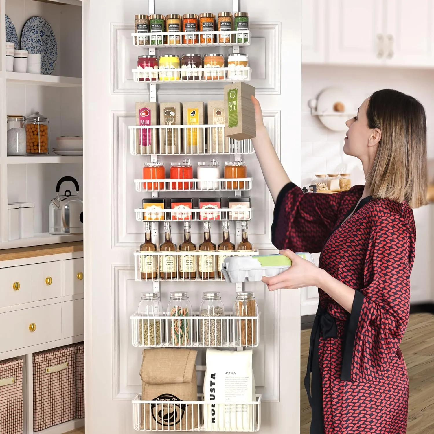 Moforoco White Over The Door Pantry Organizer, Pantry Organization and Storage, Metal Hanging Spice Rack Shelves Door, Seasoning Shelves, Laundry Room Organization, House and Kitchen Essentials