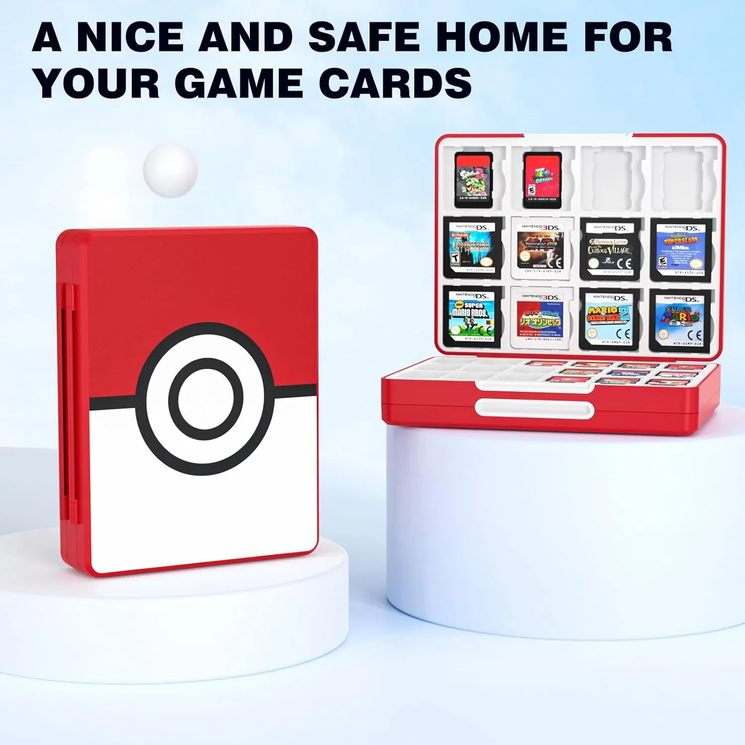 MoKo 60 Slots Switch Game Holder & 24 Slots for 3DS/3DSXL/DS/DSi Cards & 36 Slots for SD Cards w/ Magnetic Closure, Game Card Case for Nintendo Switch/Switch OLED/3DS/2DS, Portable 3DS Case, Red Ball