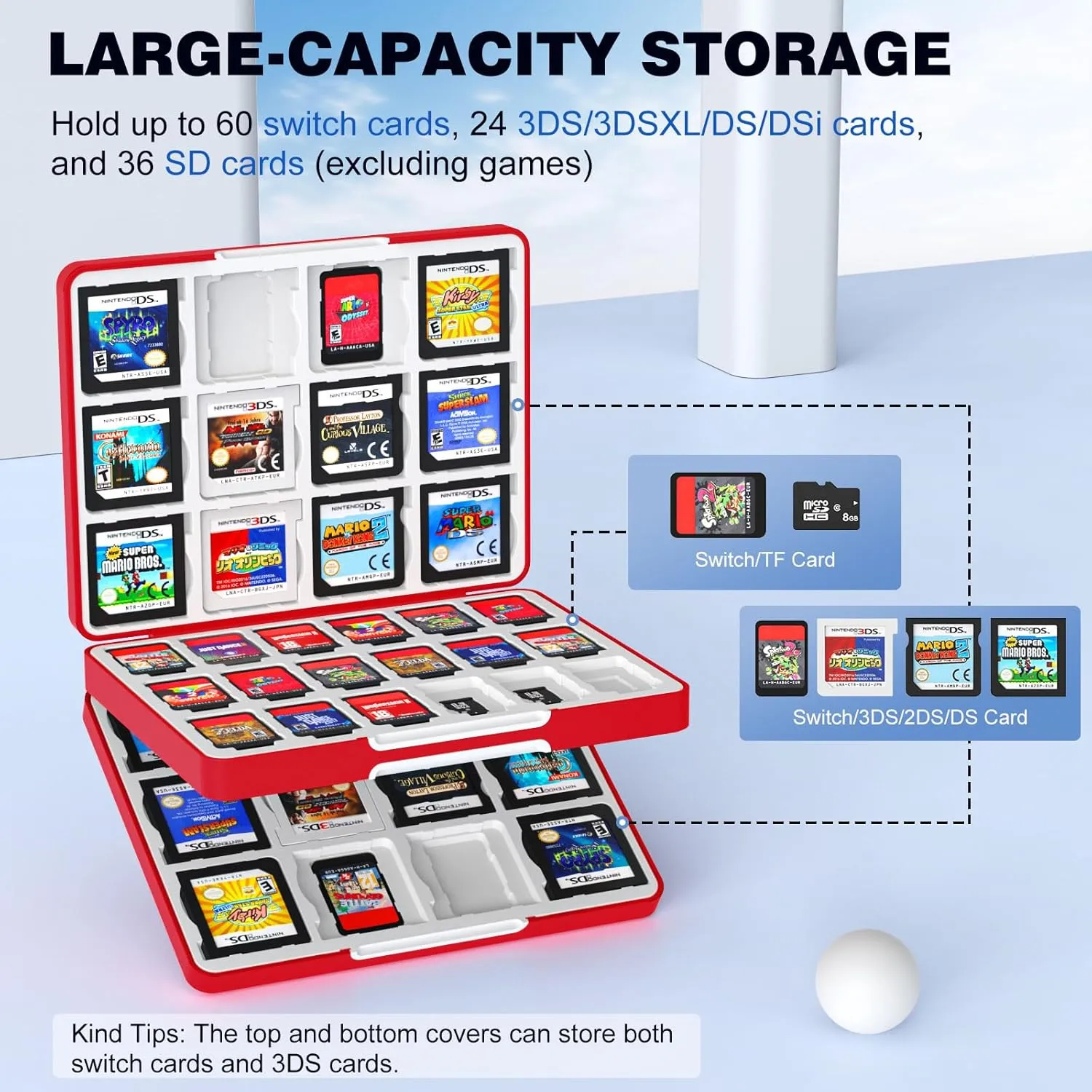 MoKo 60 Slots Switch Game Holder & 24 Slots for 3DS/3DSXL/DS/DSi Cards & 36 Slots for SD Cards w/ Magnetic Closure, Game Card Case for Nintendo Switch/Switch OLED/3DS/2DS, Portable 3DS Case, Red Ball