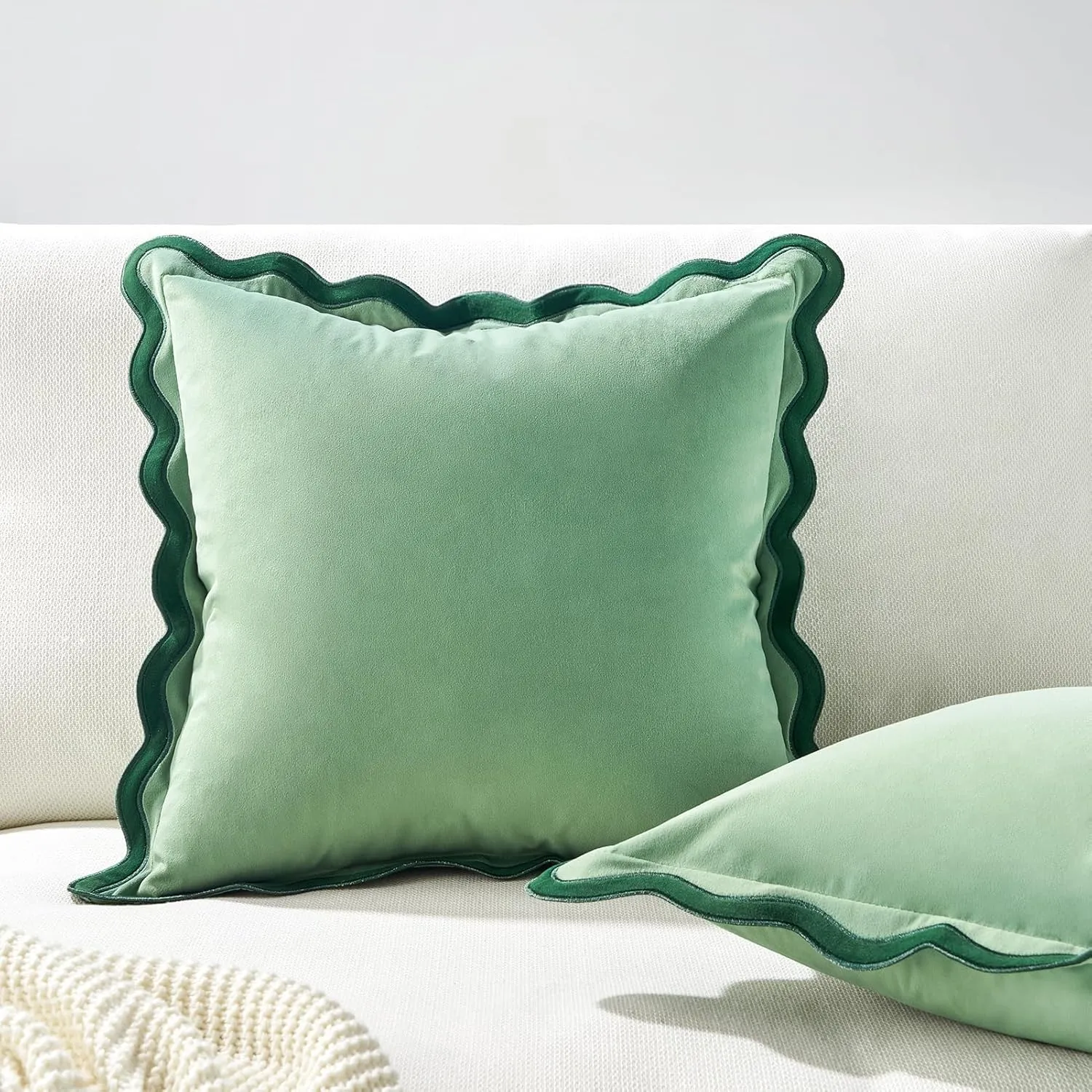 MONDAY MOOSE Decorative Throw Pillow Covers Cushion Cases, Set of 2 Soft Velvet Scalloped Wavy Edge Designs, Mix and Match for Home Decor, Pillow Inserts Not Included (Green/Light Green, 18x18 inch)