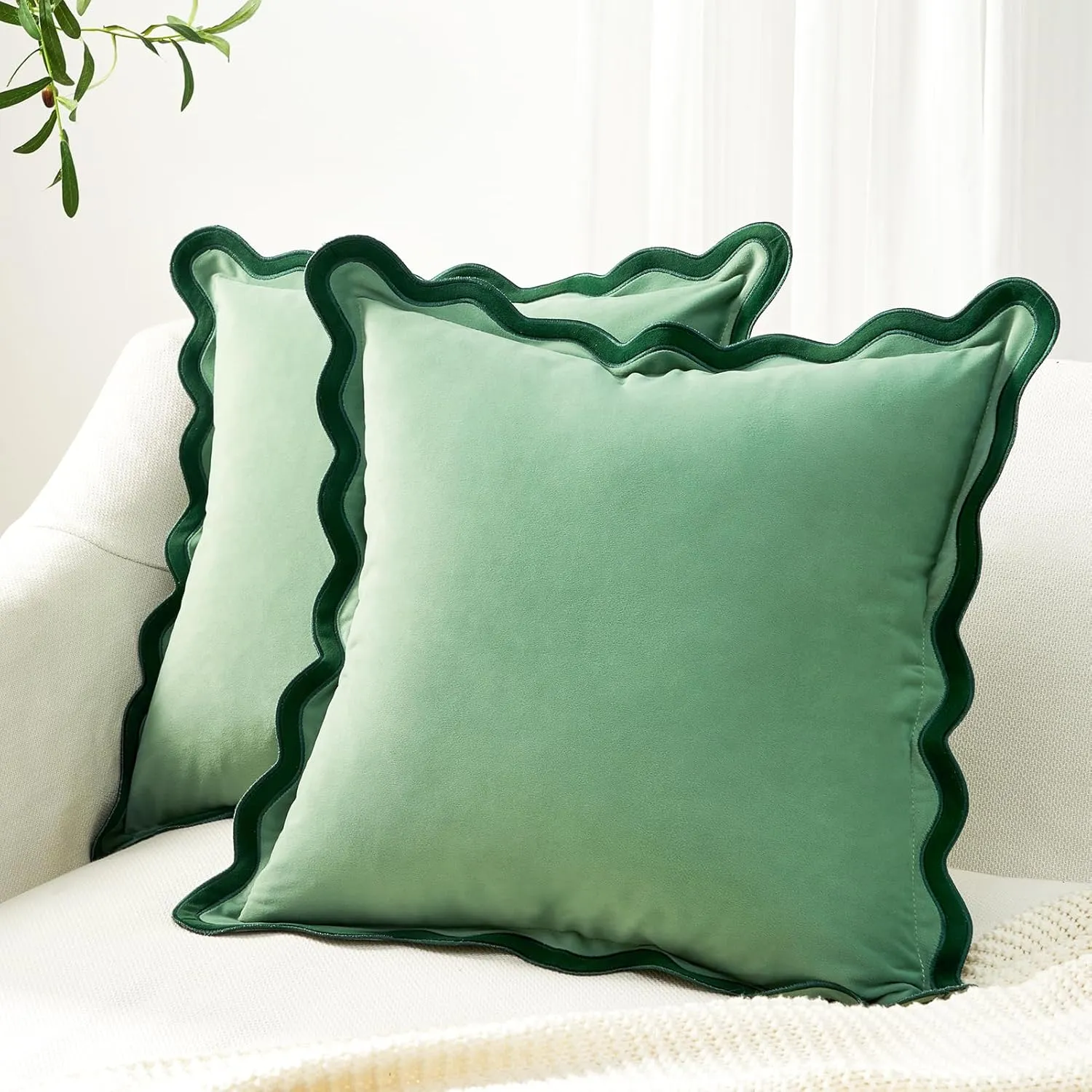 MONDAY MOOSE Decorative Throw Pillow Covers Cushion Cases, Set of 2 Soft Velvet Scalloped Wavy Edge Designs, Mix and Match for Home Decor, Pillow Inserts Not Included (Green/Light Green, 18x18 inch)