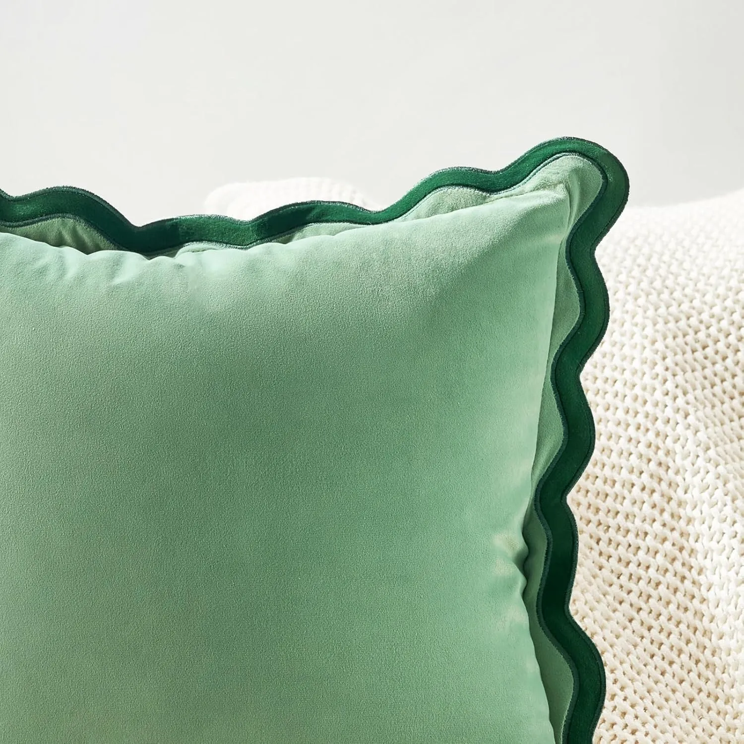 MONDAY MOOSE Decorative Throw Pillow Covers Cushion Cases, Set of 2 Soft Velvet Scalloped Wavy Edge Designs, Mix and Match for Home Decor, Pillow Inserts Not Included (Green/Light Green, 18x18 inch)
