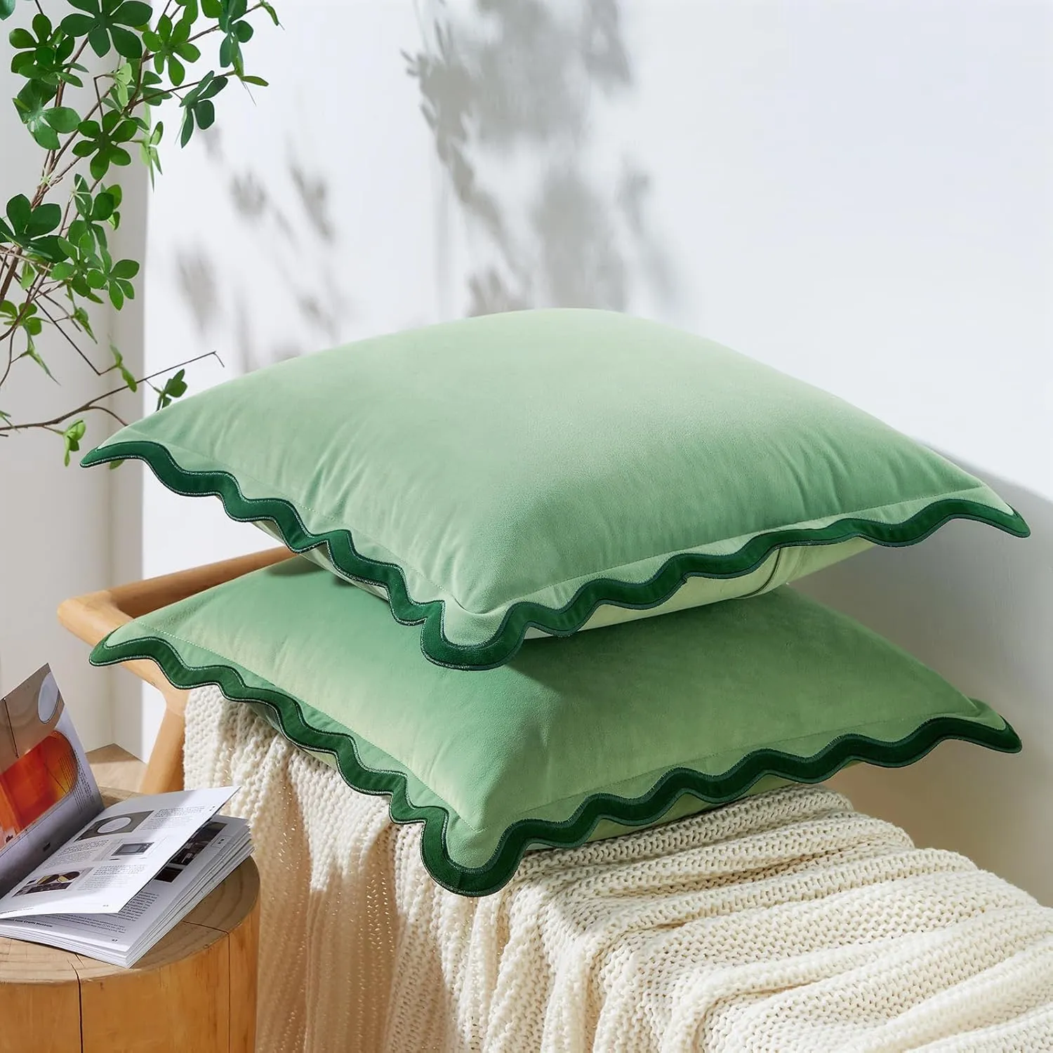 MONDAY MOOSE Decorative Throw Pillow Covers Cushion Cases, Set of 2 Soft Velvet Scalloped Wavy Edge Designs, Mix and Match for Home Decor, Pillow Inserts Not Included (Green/Light Green, 18x18 inch)