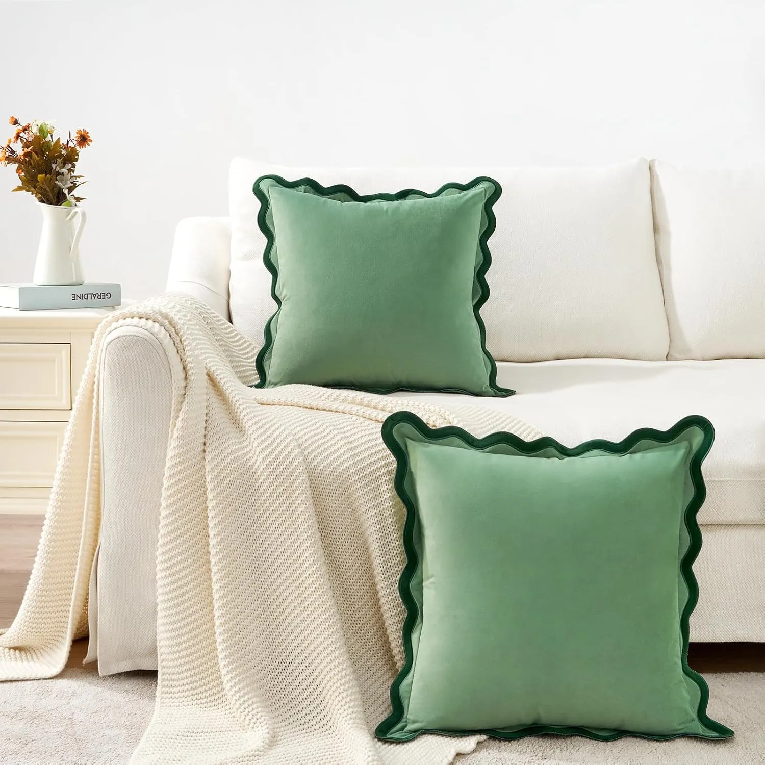 MONDAY MOOSE Decorative Throw Pillow Covers Cushion Cases, Set of 2 Soft Velvet Scalloped Wavy Edge Designs, Mix and Match for Home Decor, Pillow Inserts Not Included (Green/Light Green, 18x18 inch)