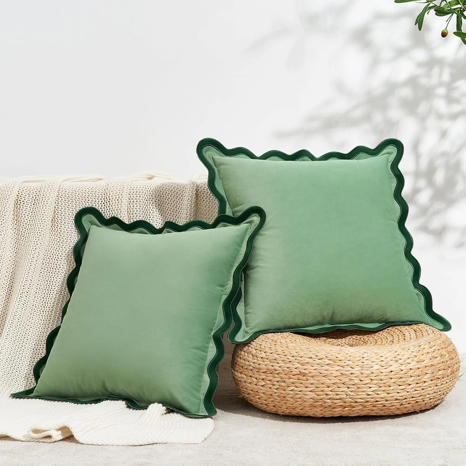MONDAY MOOSE Decorative Throw Pillow Covers Cushion Cases, Set of 2 Soft Velvet Scalloped Wavy Edge Designs, Mix and Match for Home Decor, Pillow Inserts Not Included (Green/Light Green, 18x18 inch)