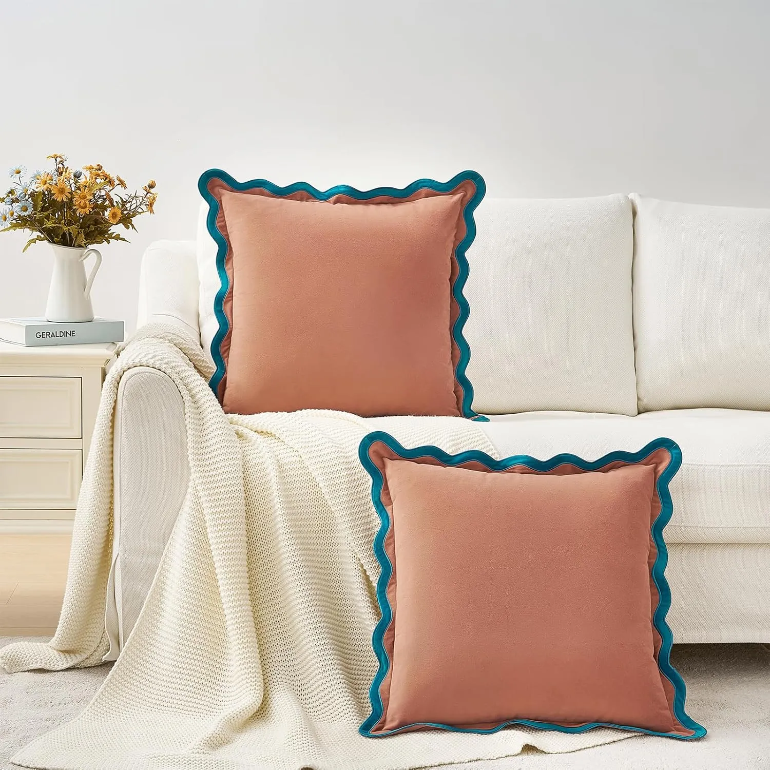 MONDAY MOOSE Decorative Throw Pillow Covers Cushion Cases, Set of 2 Soft Velvet Scalloped Wavy Edge Designs, Mix and Match for Home Decor, Pillow Inserts Not Included (Teal/Pink, 16x16 inch)