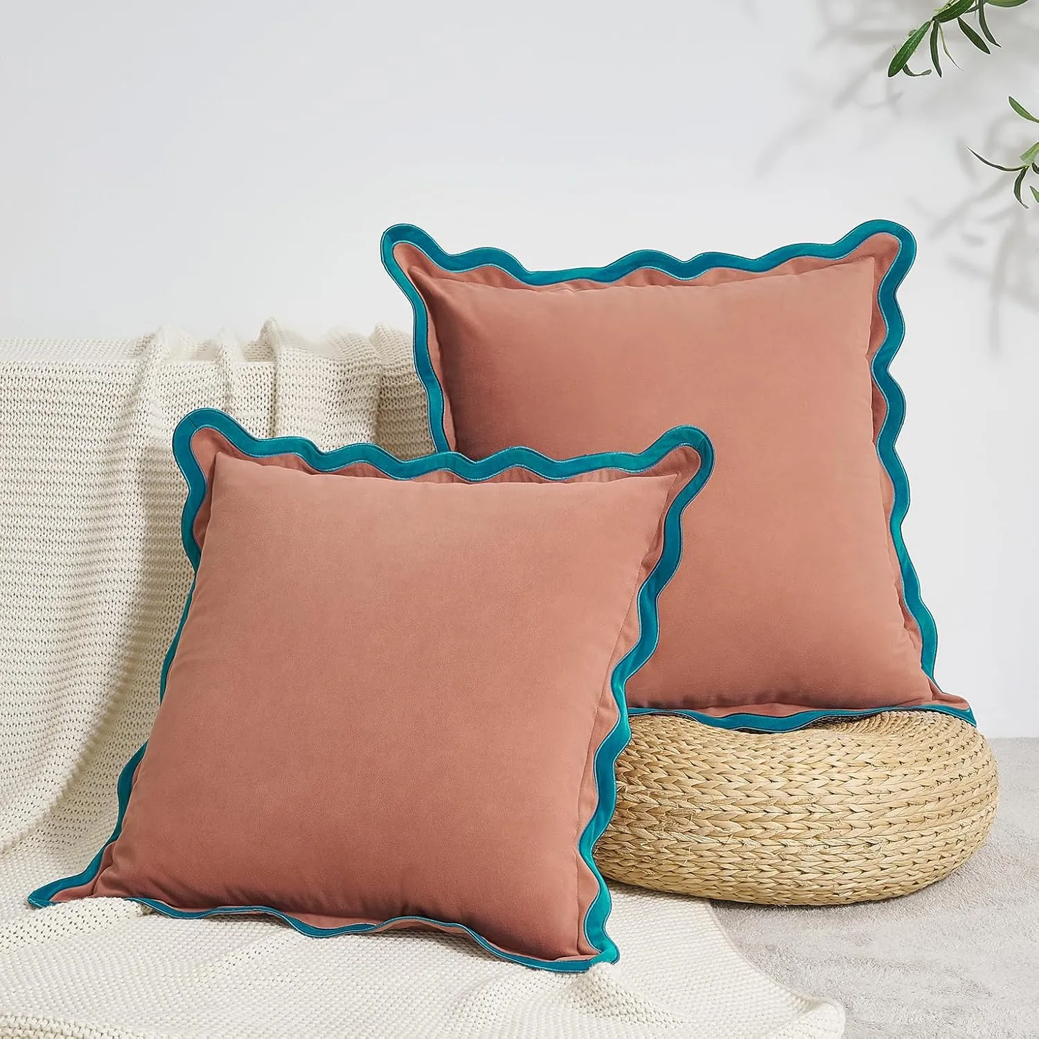 MONDAY MOOSE Decorative Throw Pillow Covers Cushion Cases, Set of 2 Soft Velvet Scalloped Wavy Edge Designs, Mix and Match for Home Decor, Pillow Inserts Not Included (Teal/Pink, 16x16 inch)