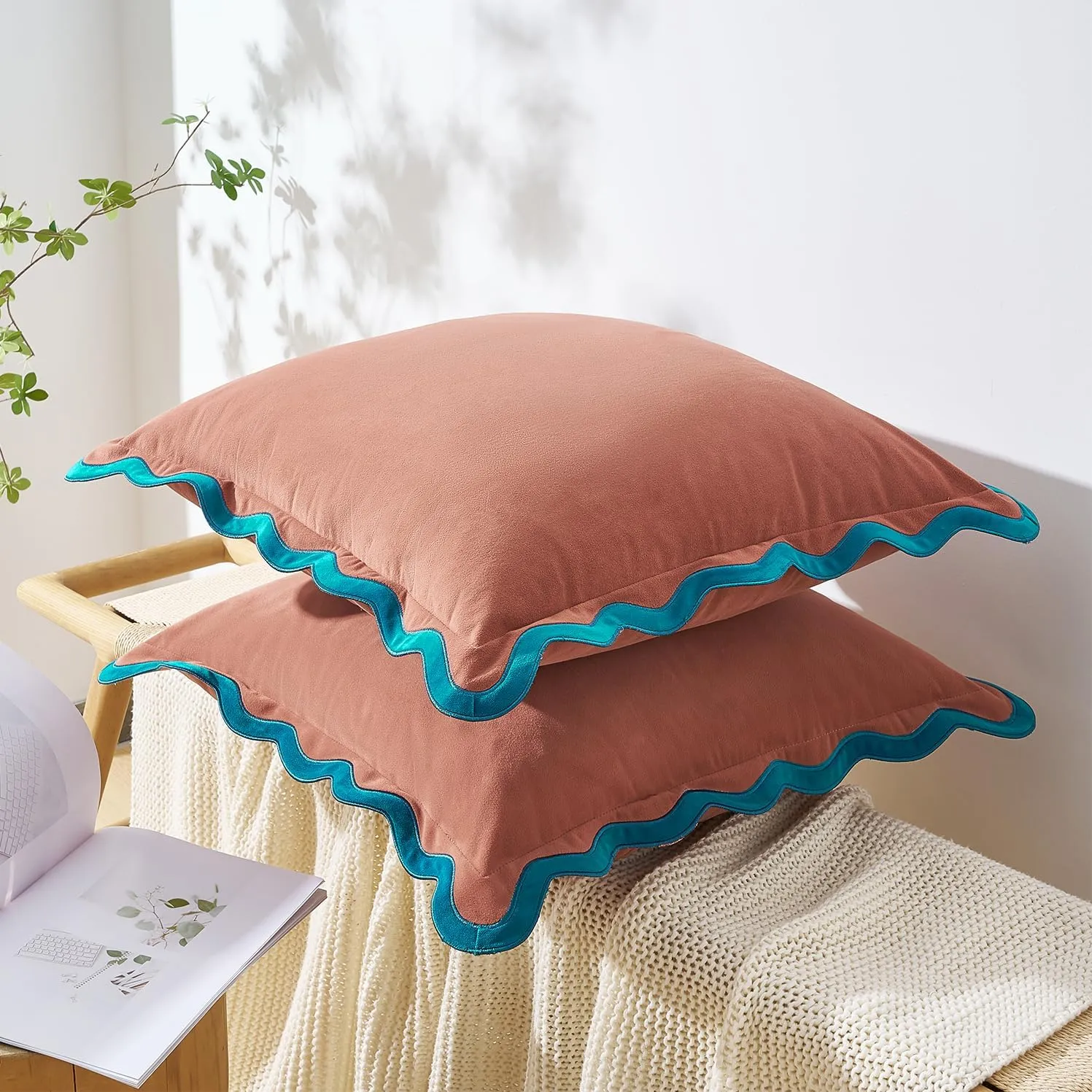 MONDAY MOOSE Decorative Throw Pillow Covers Cushion Cases, Set of 2 Soft Velvet Scalloped Wavy Edge Designs, Mix and Match for Home Decor, Pillow Inserts Not Included (Teal/Pink, 16x16 inch)