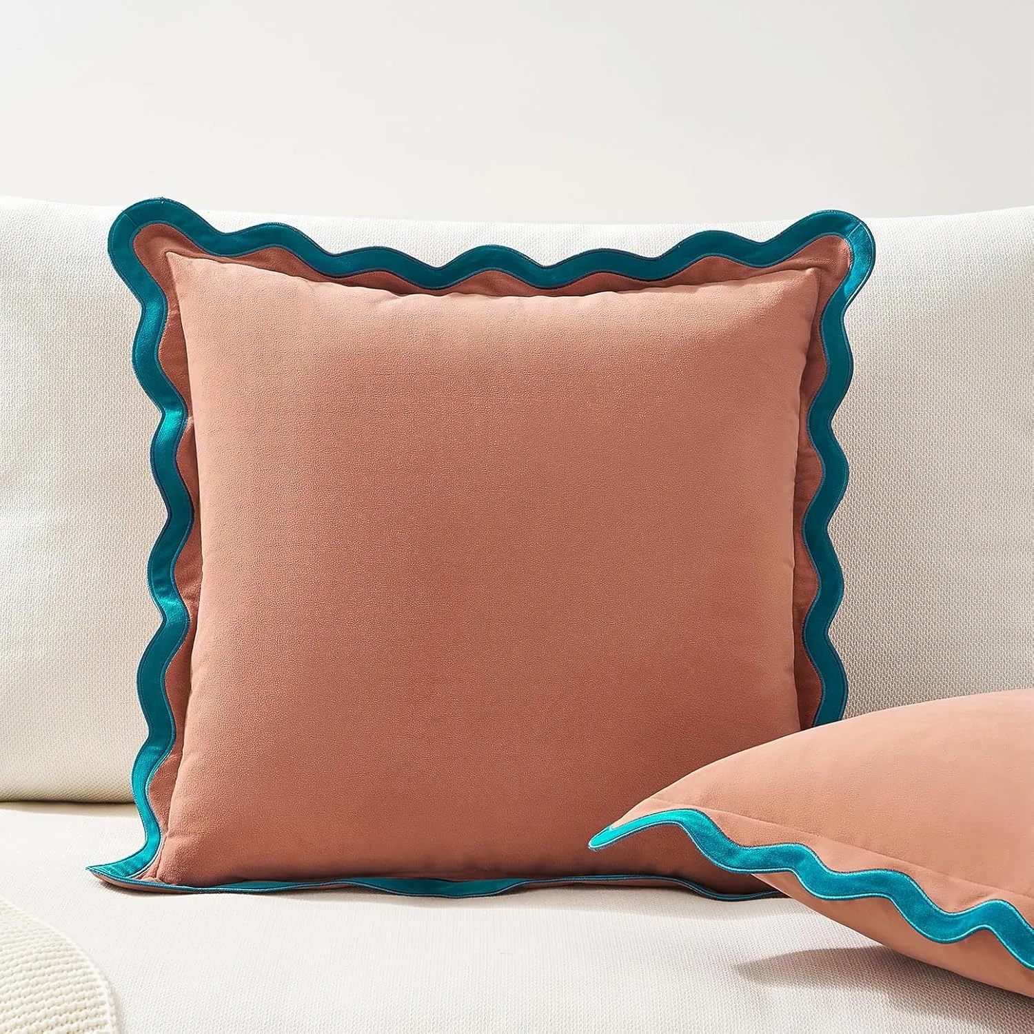 MONDAY MOOSE Decorative Throw Pillow Covers Cushion Cases, Set of 2 Soft Velvet Scalloped Wavy Edge Designs, Mix and Match for Home Decor, Pillow Inserts Not Included (Teal/Pink, 16x16 inch)