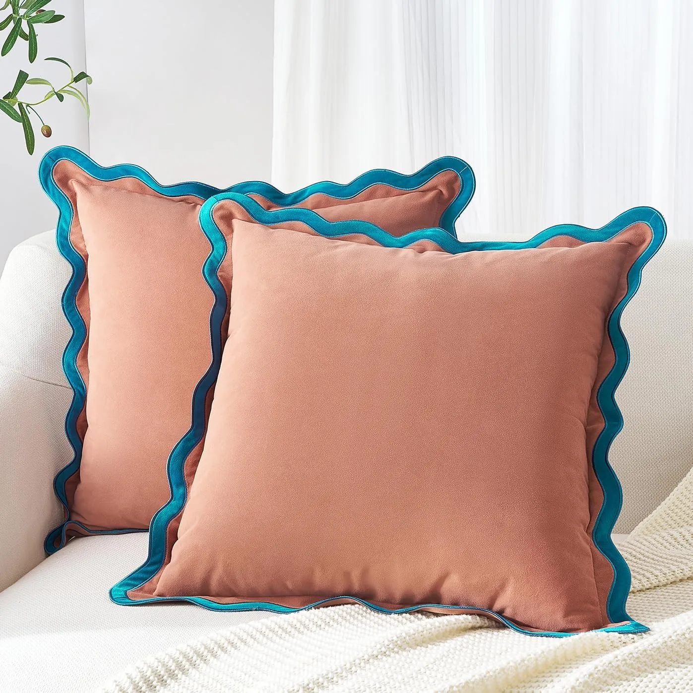 MONDAY MOOSE Decorative Throw Pillow Covers Cushion Cases, Set of 2 Soft Velvet Scalloped Wavy Edge Designs, Mix and Match for Home Decor, Pillow Inserts Not Included (Teal/Pink, 16x16 inch)
