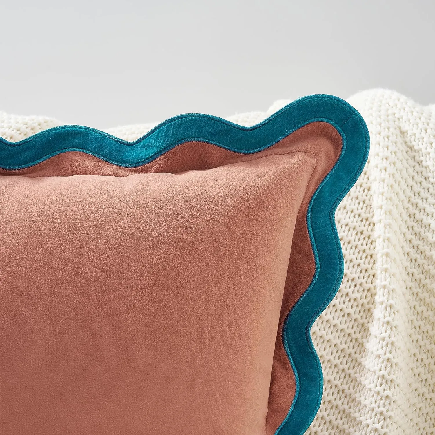 MONDAY MOOSE Decorative Throw Pillow Covers Cushion Cases, Set of 2 Soft Velvet Scalloped Wavy Edge Designs, Mix and Match for Home Decor, Pillow Inserts Not Included (Teal/Pink, 16x16 inch)