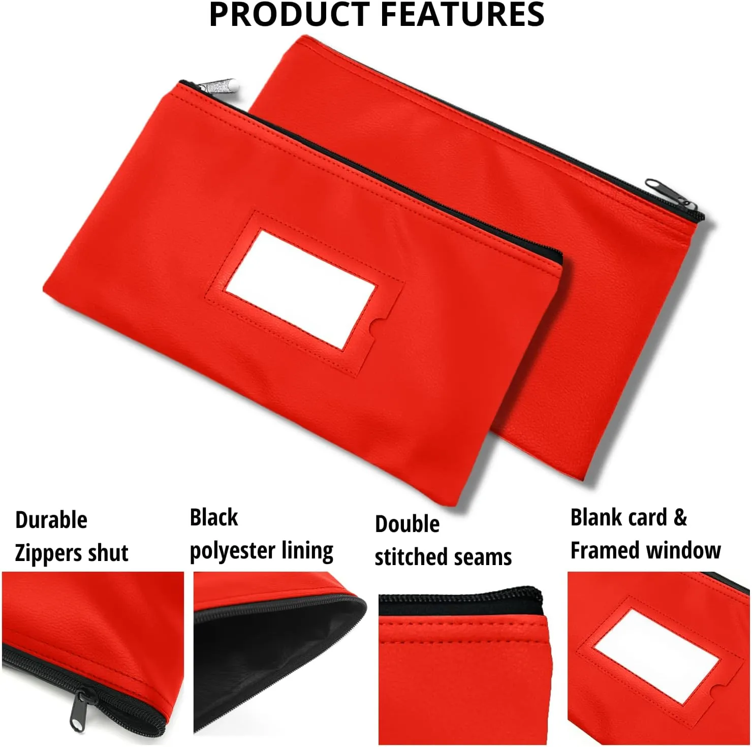 Money Bank Deposit Bag with Zipper | 11x6 inch | Red | Durable Leatherette Money Cash Coin Check Wallet Pouch for Men & Women with Framed ID Window and Blank Card (3)